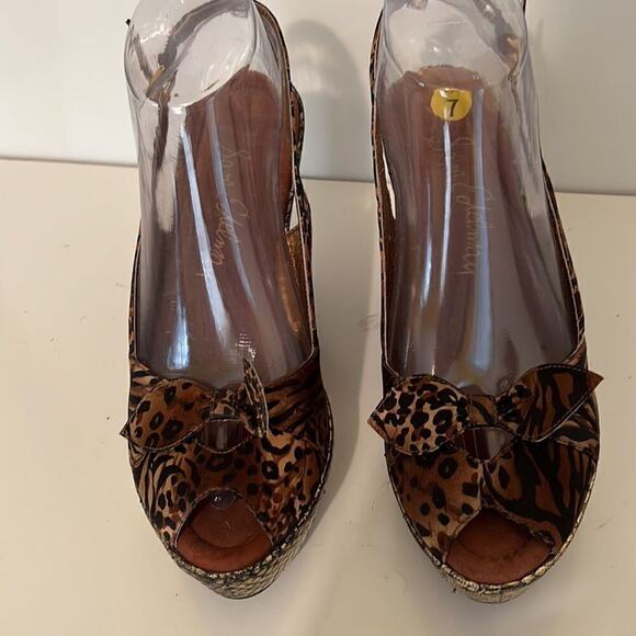 Sam Edelman SZ 7 Wedge Platform Peep Toe Sling Back Animal Print Mob Wife Heels - Picture 2 of 7